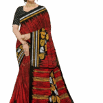 Vibrant Saree with Striking Red, Black, and Yellow Leaf Motifs | P-293